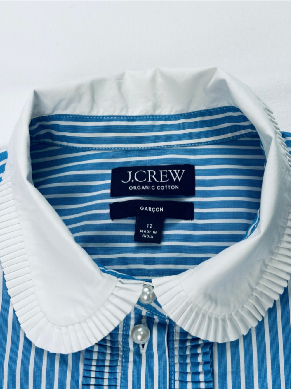 J.Crew Garçon Organic Cotton Striped Blouse Women’s 12 Blue White Ruffle Collar - Picture 6 of 8